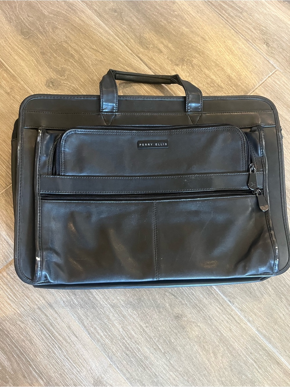 Perry Ellis Black Leather Laptop Briefcase with Front Zip Pockets